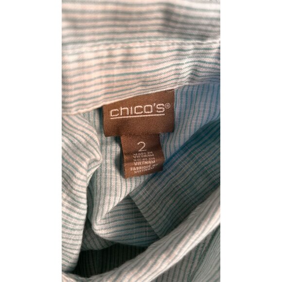Chico's Blue Striped Button-Up Ruffle Tunic Top Shirt Size 2 Cotton Long Sleeve - Picture 4 of 9